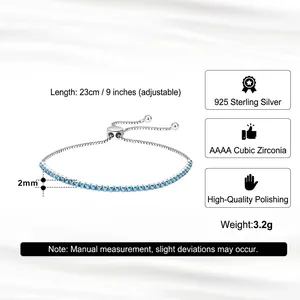 Pulsera tenis ajustable de plata de ley 925 con circonitas azules de 2 mm