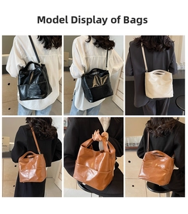 Multiple views of vegan leather bucket bag in black, beige, and brown with adjustable straps