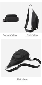 Detail view of black oxford fabric cross-body bag showing multiple zippers and adjustable strap
