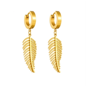 Elegant gold feather pendant earrings in stainless steel with a polished mirror finish
