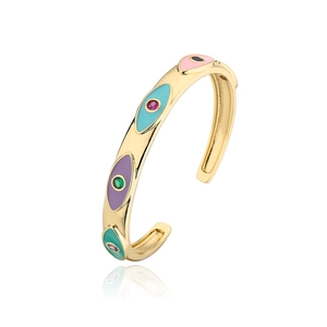 Brazalete bohemio chapado en oro con ojos de esmalte de colores y piedras de circón
