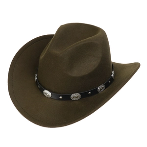 Detailed view of dark brown felt cowboy hat with black studded leather band ornament
