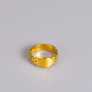 Minimalist wide gold titanium steel ring with smooth oval surface and hollowed-out side design