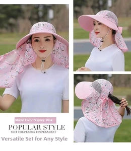 Close-up of pink floral sun hat featuring breathable mesh top and wide protective neck flap