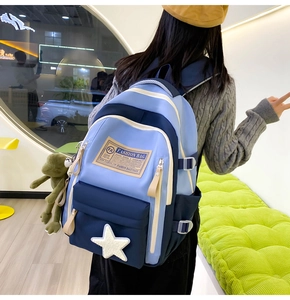 Detail of high-capacity patchwork school bag with star patch on blue fabric