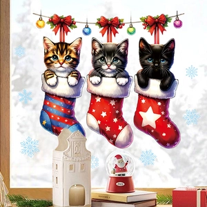 Stickers de Noël pour fenêtres avec chats mignons dans des chaussettes et flocons