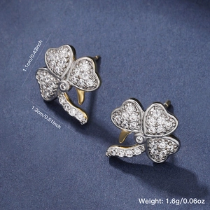 Sparkling zircon clover tassel earrings with 14K gold accents and dimensions marking
