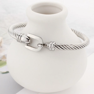 Silver twisted cable stainless steel bangle with horseshoe shackle on a white vase