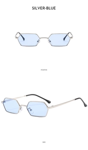 Detail view of silver metal polygon sunglasses with light blue lenses from front and side