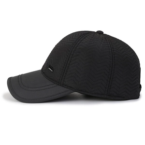 Men's winter baseball cap featuring black quilted thermal fabric and a side metal logo