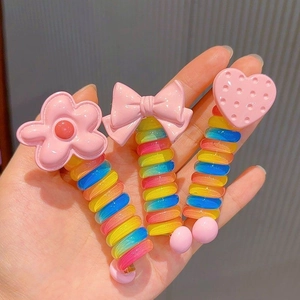 Set of 3 rainbow spiral telephone wire hair ties with cute heart and bow charms