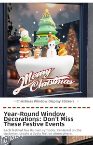Festive Christmas window stickers featuring Santa Claus and snowman on glass shopfront