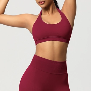 Détails du soutien-gorge de sport dos nu bordeaux sans couture et legging de yoga taille haute