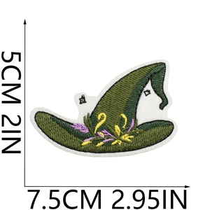 Detail view of forest green wizard hat embroidery patch with 7.5cm size dimensions