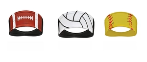 Detailed view of elastic sports headbands featuring football, volleyball and softball prints
