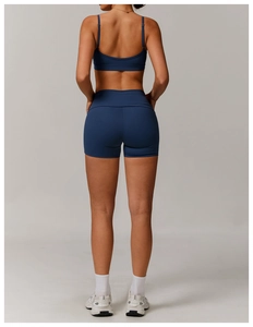Back view of a deep blue yoga set featuring skinny strap sports bra and high waist shorts
