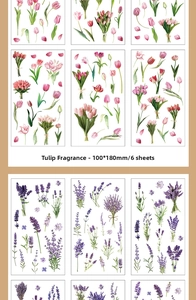 Detailed macro view of tulip and lavender floral stickers in 100x180mm sheets