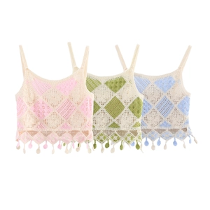 Crochet Camisole Knit Tank Top Hollow Out Diamond Pattern Tassel Pompom Fringe Boho Sweet Short Vest For Women