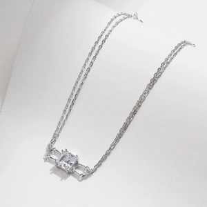 Elegant S925 sterling silver double-layer bracelet with a square clear cubic zirconia