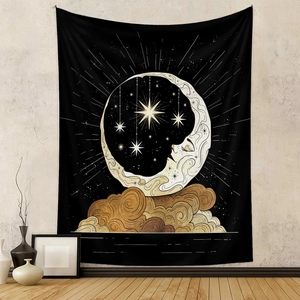Artistic golden moon and stars tapestry with bohemian clouds hanging on a wall