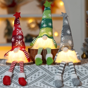 Close-up of glowing Christmas gnomes with LED lights, knit texture and plush beard detail