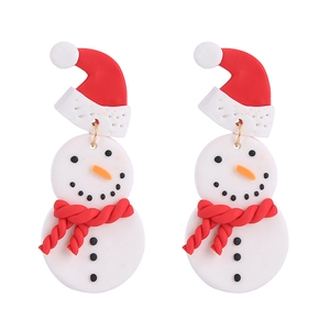 Handmade clay snowman earrings with red Christmas hat and scarf for festive holiday style