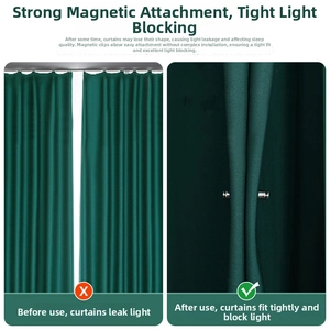 Comparison showing magnetic curtain closures preventing light leakage on green drapes