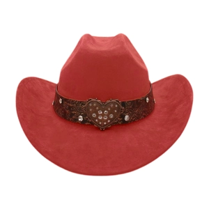 Detailed view of red suede cowboy hat featuring a rhinestone heart metal buckle band