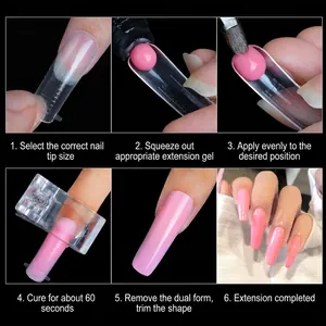 Poly gel nail extension kit with 120 mold pieces showing 6-step application process