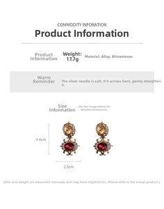 Detail view of vintage square earrings with red and yellow crystals, 4.4cm x 2.5cm size