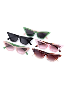 Detailed stack of candy-colored cat eye sunglasses in various retro frames and lenses
