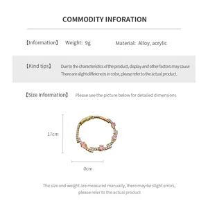 Detailed size and material information for pink zircon square bracelet in alloy and acrylic