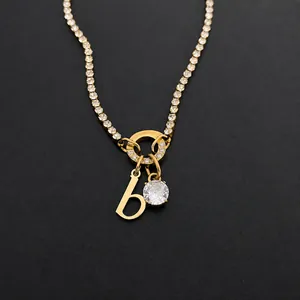 Stainless Steel Alphabet Pendant Necklace For Women Sparkling Rhinestone Tennis Chain 14K Gold Plated Initial Letter Jewelry Gift