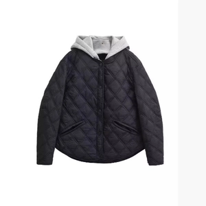 Women's black quilted jacket with grey drawstring hood and casual diamond pattern design