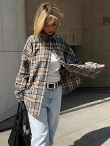 Women's vintage oversized plaid long-sleeved shirt with a classic gray and beige check pattern