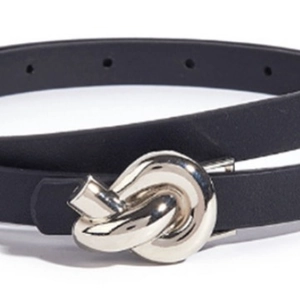 Classic black leather skinny belt for women with silver metal knot buckle design