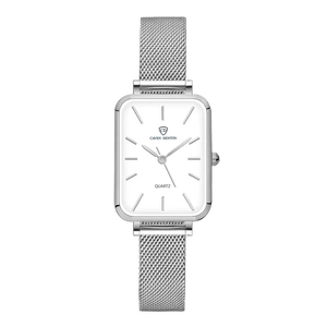 Elegant vintage square quartz watch for women with silver mesh band and white dial