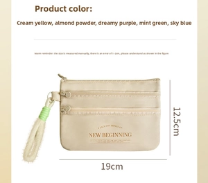 Close-up of triple zipper travel wallet in cream yellow with plush wrist strap detail