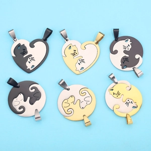 Stainless steel heart and round puzzle pendants with cat and dog motif in silver, gold, and black