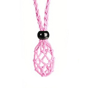 Detail of pink woven rope mesh pouch with black decorative bead for DIY pendants