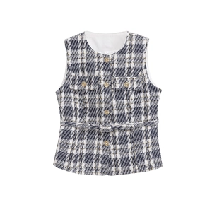 Blau-weiße Tweed-Weste für Damen mit goldenen Knöpfen und passendem Gürtel