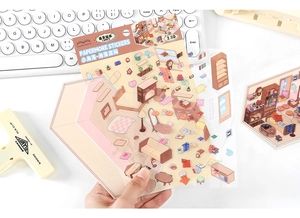 Detailed 2.5D miniature furniture stickers featuring cozy room elements for DIY journaling
