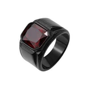 Men's vintage black stainless steel ring with a square red gemstone inlay
