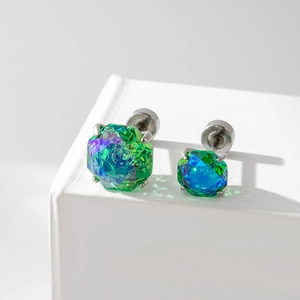 Surgical steel octagon millennium rose cut zircon earrings with green blue crystal