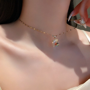 Titanium steel necklace with crystal dolphin pendant worn by model in a close-up shot