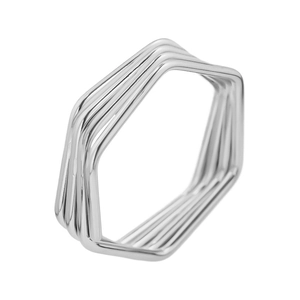 Detailed view of silver minimalist multi-layer hexagonal stainless steel ring design