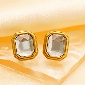 Elegant gold-plated stainless steel earrings with large rectangular cubic zirconia stones