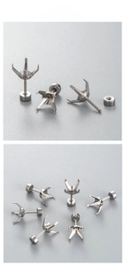 Macro view of silver titanium steel four-claw ear stud base and screw backing for DIY