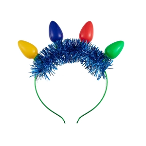 Detail of Christmas headband with colorful light bulbs and sparkling green fringe