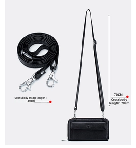 Detail of adjustable 140cm shoulder strap and black lychee leather crossbody phone bag